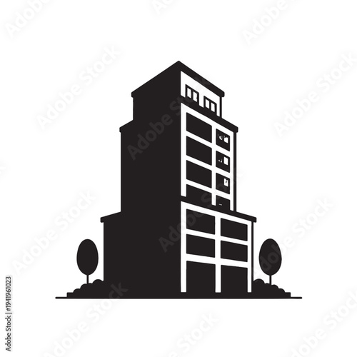 A minimalist black and white vector illustration of a modern multi-story urban apartment building Vector, illustration