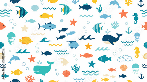 Seamless colorful marine life pattern with playful sea creatures.