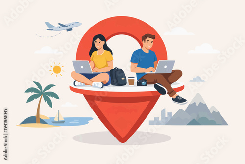 Travel and remote work illustration with people using laptops on a location pin near beach mountains and airplane in modern flat style for digital nomad lifestyle and trip planning