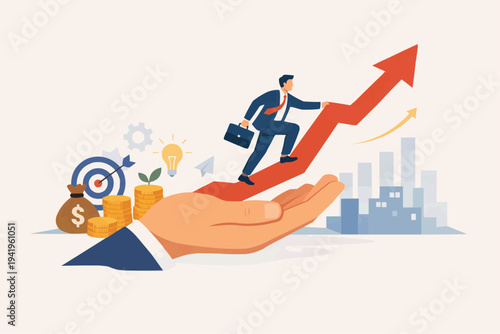 Business growth illustration with hand holding rising arrow and businessman climbing toward success in modern flat style for leadership startup progress investment strategy and career development