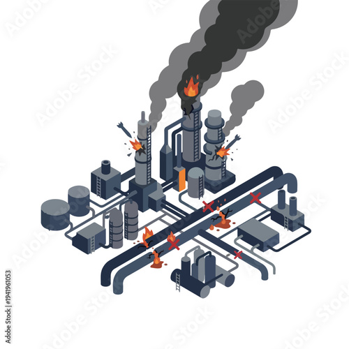 isometric vector flat oil refinery area explodes and burns 013