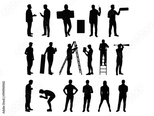 Set of black silhouettes featuring people in various poses, working, climbing ladders and using digital devices