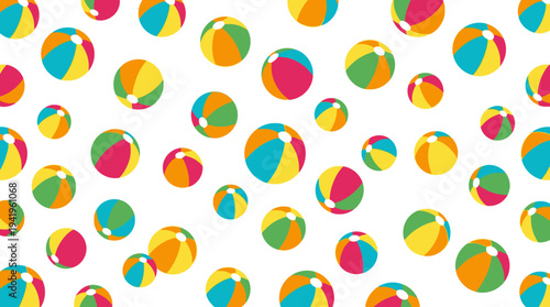 Seamless pattern of colorful beach balls on white background.