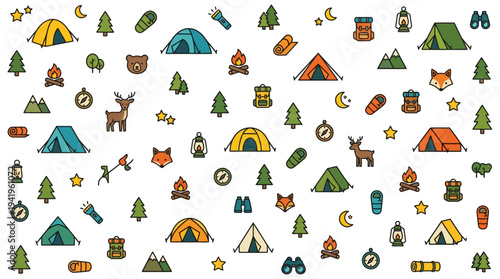 Seamless pattern of colorful tents campfires and outdoor gear.