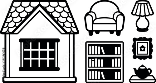 Minimalist black and white vector art set of cozy house with window armchair lamp bookshelf framed picture and teapot on tray