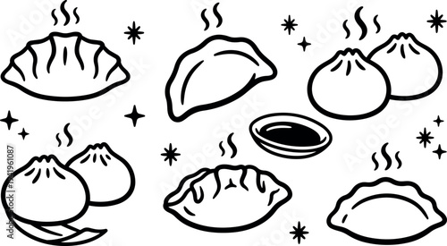 Black and white line art steaming dumplings with soy sauce dish and decorative stars vector design