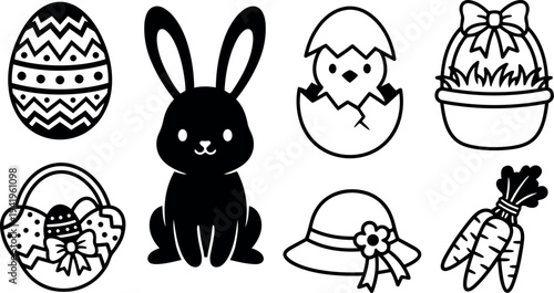 Minimalist black and white vector icons set featuring easter bunny chick eggs carrot basket and floral hat elements