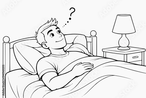 Minimal line drawing of man lying awake in bed with question mark above head illustrating insomnia overthinking uncertainty and nighttime reflection for mental health sleep concept and editorial use