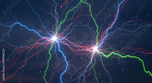 Colorful lightning energy network with electric plasma arcs connecting bright energy nodes representing power transmission, neural networks and high voltage electricity flow concept