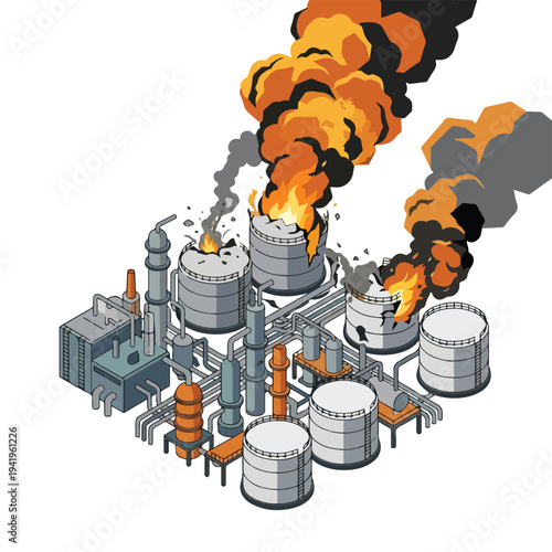 isometric vector flat oil refinery area explodes and burns 010