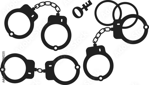 Collection of black silhouette handcuffs and a key on a white background representing arrest and freedom