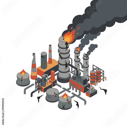 isometric vector flat oil refinery area explodes and burns 6