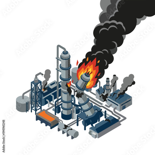 isometric vector flat oil refinery area explodes and burns 011
