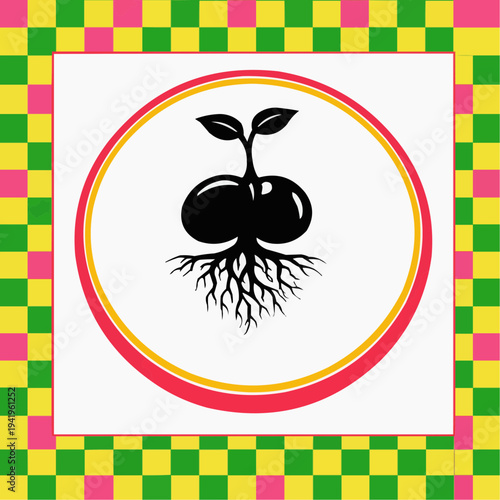 Sprouting seed icon with roots inside a circular frame on a vibrant checkerboard border creating a bold eco logo style illustration for sustainability growth agriculture and natural branding