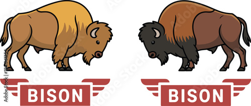 Cartoon style bison with red wing-like banners displaying the word BISON buffalo animal wildlife