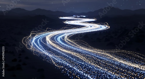 Long exposure highway light trails forming flowing curves of white and red vehicle lights representing speed, urban transportation energy and futuristic mobility concept at night