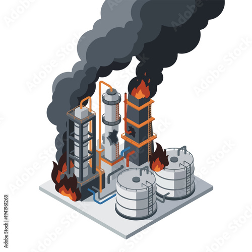 isometric vector flat oil refinery area explodes and burns 012
