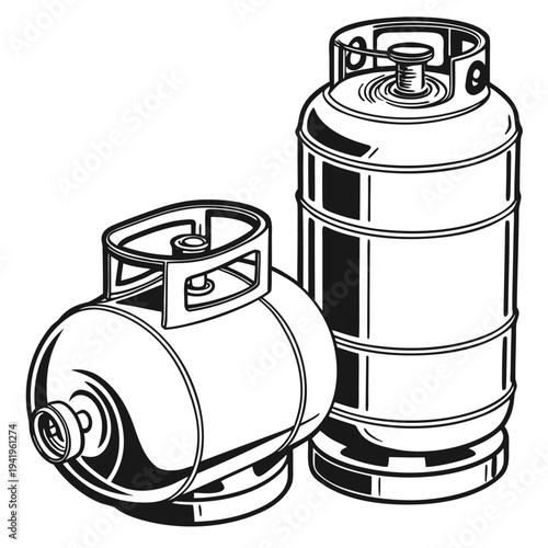 Black and white of two L P G gas cylinders lpg cylinders