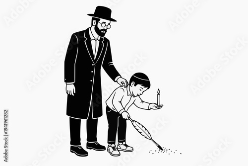 Traditional jewish father guiding a young boy during a passover candle and feather ritual on a light background representing family faith religious practice and cultural education scene