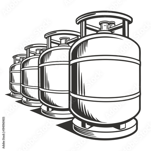 Black and white of five lpg gas cylinders in a row
