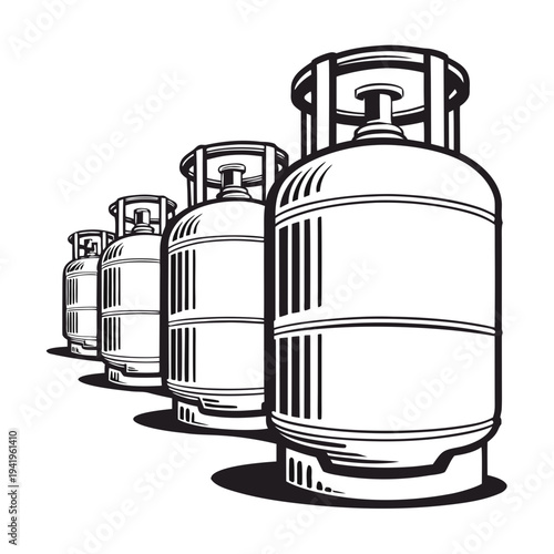Black and white of four L P G gas cylinders in a row