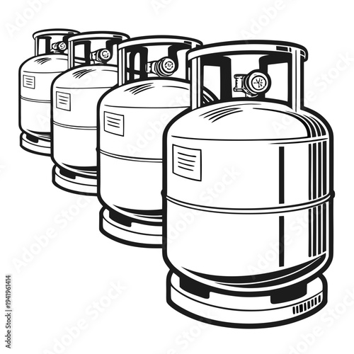 Black and white of four L P G gas cylinders lpg cylinders