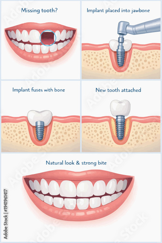 Dental implant treatment stages showing missing tooth titanium implant insertion healing with jaw bone and final crown restoration in a clear medical infographic for oral care education