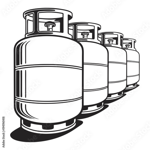 Black and white of four L P G gas cylinders in a row 1