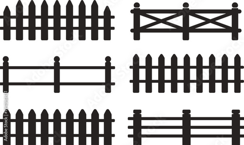 Collection of six distinct black silhouette representing different styles of fences fencing