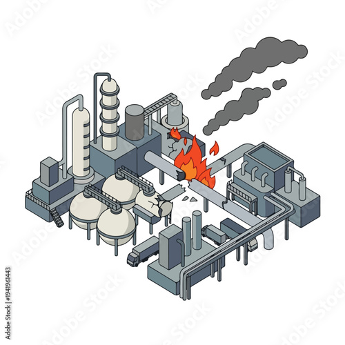isometric vector flat oil refinery area explodes and burns 06
