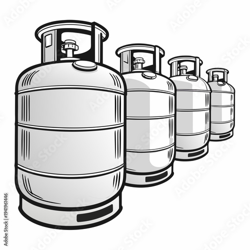 Gray lpg gas cylinders in a row propane tanks metallic