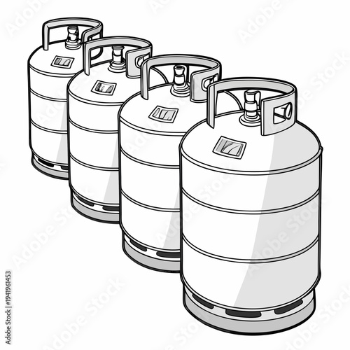 Four white lpg gas cylinders with handles and valves