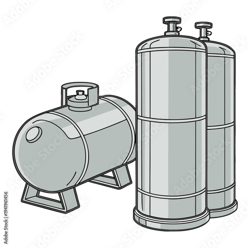 Gray industrial gas cylinders metal tanks cylindrical