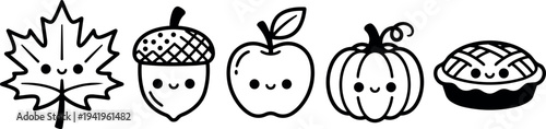 Cute kawaii style smiling maple leaf acorn apple pumpkin and pie icons simple black line art autumn theme
