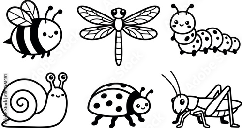 Cute black and white line art smiling bee dragonfly caterpillar snail ladybug and grasshopper set vector illustration