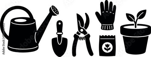 Black silhouette gardening tools watering can hand trowel pruners glove seed packet and potted sprout vector icons set