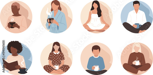 People relaxing with coffee and tea at home collection, diverse characters sitting comfortably and enjoying hot drinks in cozy lifestyle moments illustration
