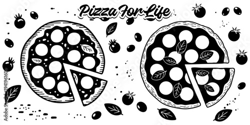 Pizza For Life Food Illustration – Hand Drawn Pepperoni Pizza Slices with Olives and Basil Leaves