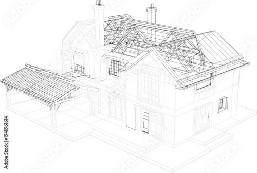 Detailed architectural wireframe blueprint of a two-story residential house with visible roof trusses and exterior details