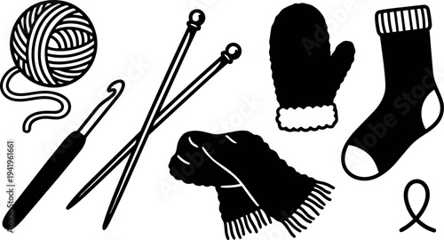 Black and white vector art of knitting yarn crochet hook knitting needles winter mittens warm scarf and wool sock icons
