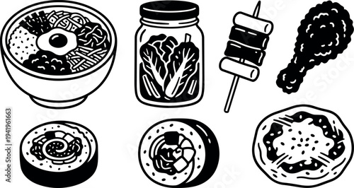 Black and white flat design line art vector set of various food items including bowl noodle egg kimchi jar skewer fried chicken sushi pizza illustrations