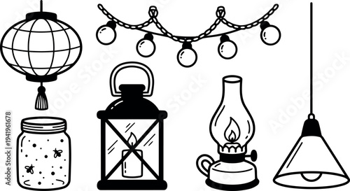 Black line art lantern jar fireflies hanging lamp string lights vintage gas lamp simple vector set