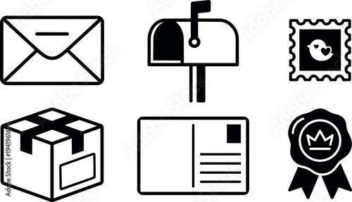 Black and white minimalist mail themed icon set including envelope mailbox postage stamp parcel postcard and award ribbon vector art