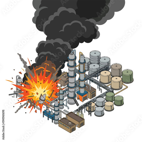 isometric vector flat oil refinery area explodes and burns 04
