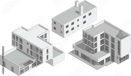 Isometric architectural of modern minimalist buildings showcasing clean lines, geometric shapes, and large windows in a grayscale palette