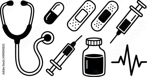 Monochrome vector medical icons including stethoscope syringe medicine bottle capsules bandages and heartbeat line symbols for healthcare design