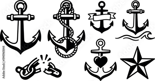 Black and white nautical themed anchors with rope broken chain heart symbol and five pointed star vector design collection