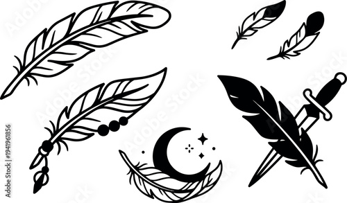 Black and white vector art of detailed feathers moon stars and dagger with feather in simple tattoo flash style