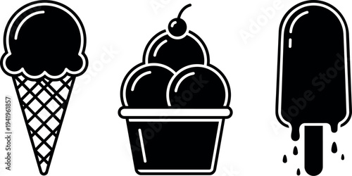 Black and white vector icons of ice cream cone sundae with cherry and melting popsicle dessert symbols simple illustration set
