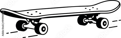 Minimalist black and white flat design skateboard simple outline side view skate wheel motion lines vector art